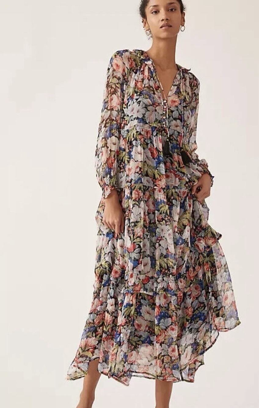 Anthropologie The Marais Floral Semi Sheer Chiffon Maxi Dress Sz XS